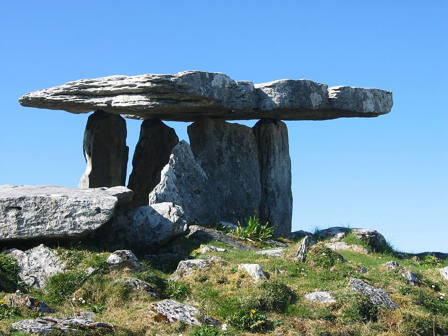 burren, ireland, dolmen, rock - object, solid, sky, rock formation, HD wallpaper