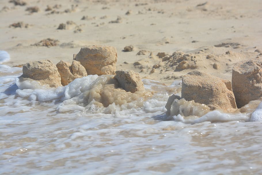 sand castle, devastation, waves, beach, sea, nature, force of nature HD wallpaper