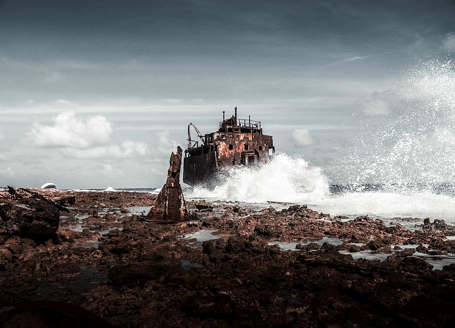 brown ship on body of water during daytime, ship near rock cliff digital wallpaper HD wallpaper