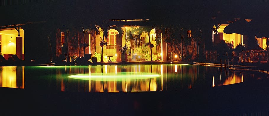 hotel, evening, night, rodrigues island, lights, swimming pool, HD wallpaper