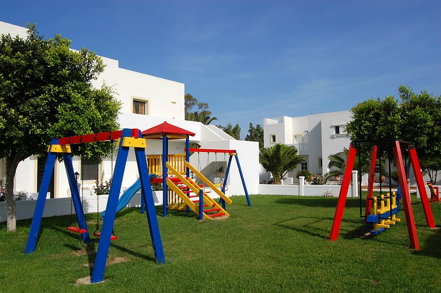 kos, hotel, playground, greece, outdoors, plant, architecture HD wallpaper
