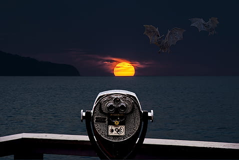 gray and black telescope with scenery of sunset illustration HD wallpaper