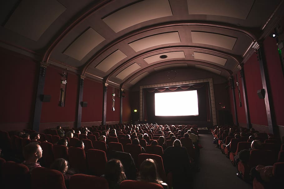 group of people staring at monitor inside room, people sitting on chairs watching movie, HD wallpaper