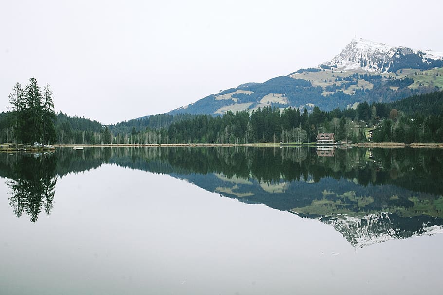 nature, water, still, reflection, mountains, trees, lake, scenics - nature HD wallpaper