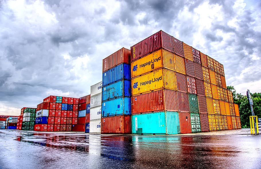 container van lot under cloudy sky, port, loading, stacked, container terminal, HD wallpaper