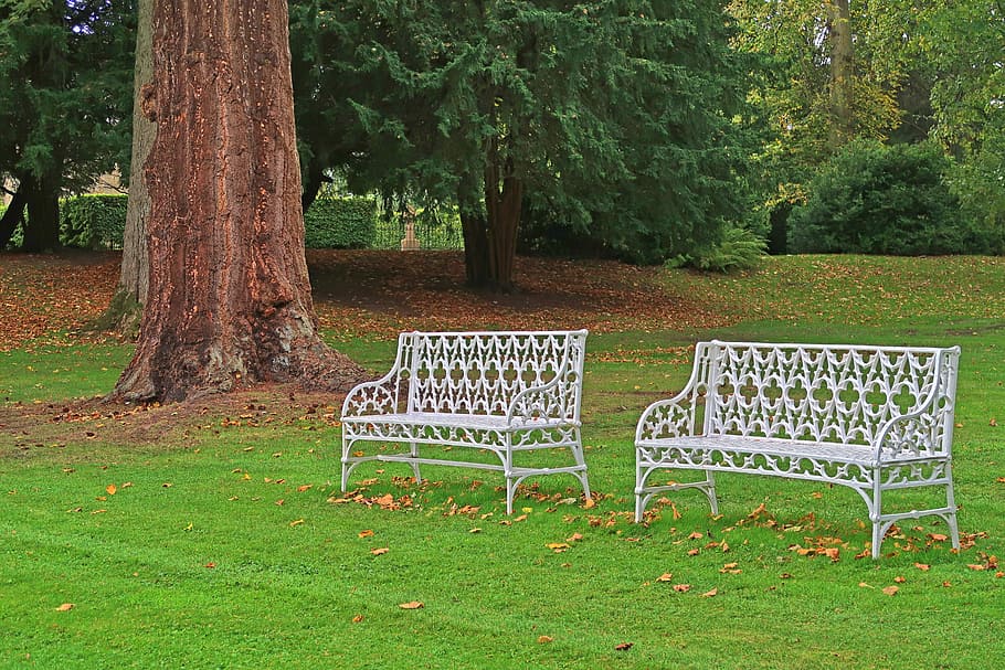 two white metal benches on grass field, bank, garden, wood, park, HD wallpaper