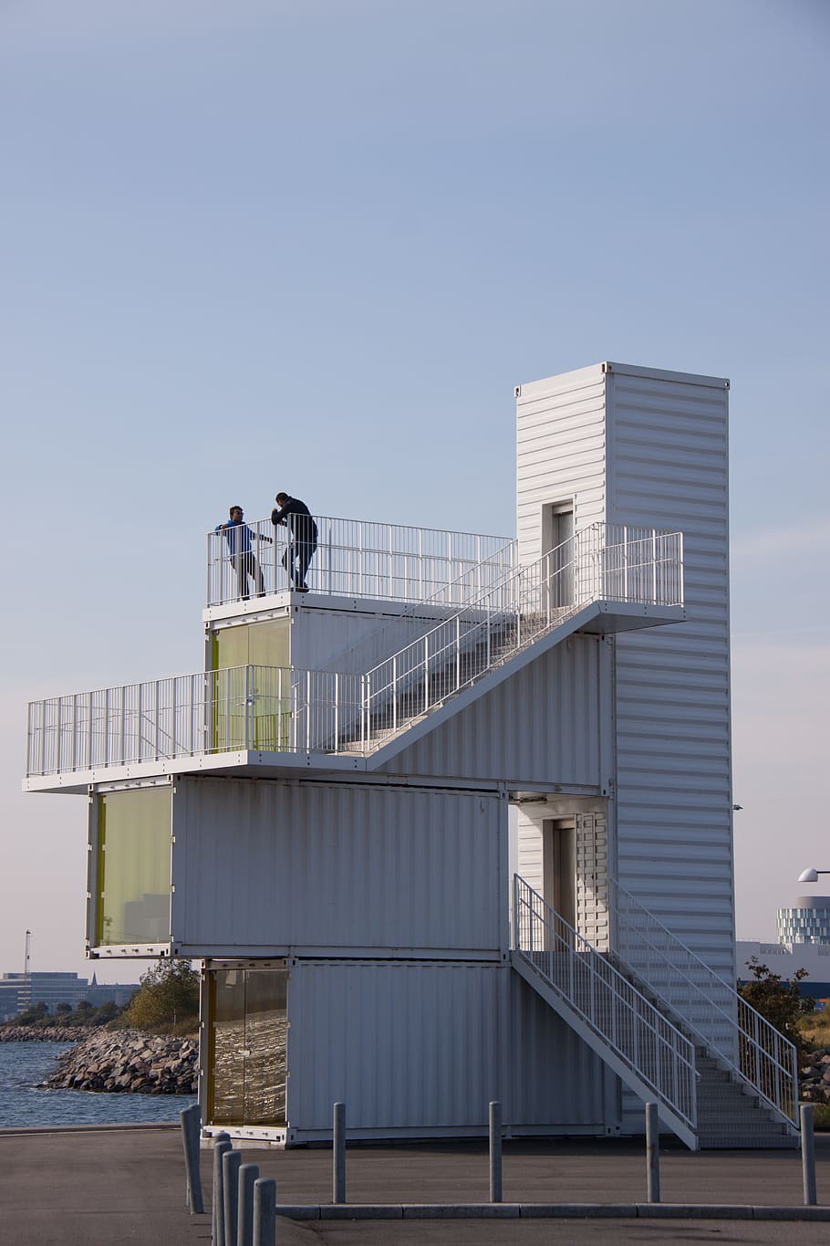 containers, tower, viewing platform, harbor, stairs, berth HD wallpaper