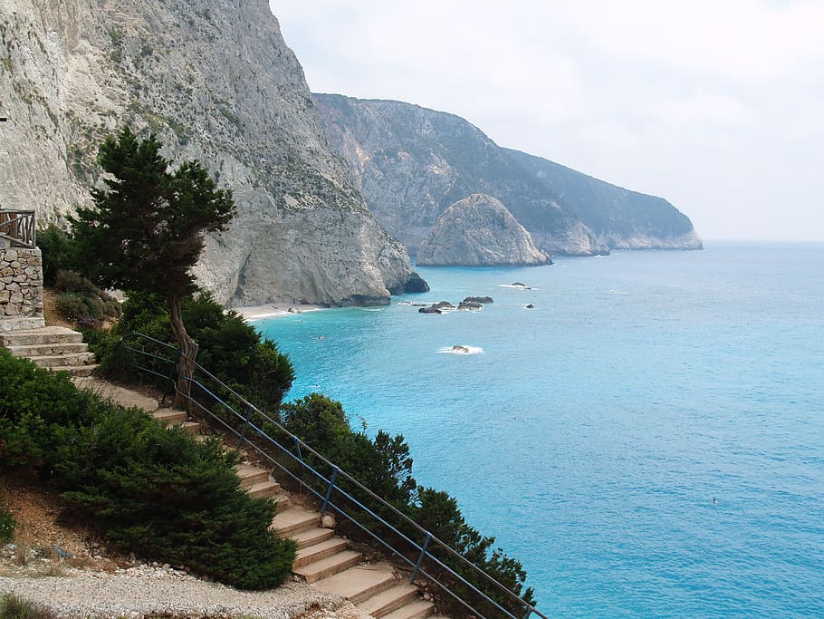 coast, stairs, path, sea, water, scenics - nature, beauty in nature HD wallpaper