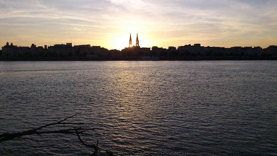 river, sunset, water, light, bell tower, church, sky, building exterior HD wallpaper