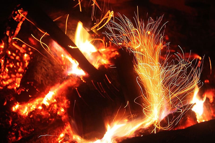 sparks, flames, light, fire, burning, heat - temperature, night HD wallpaper