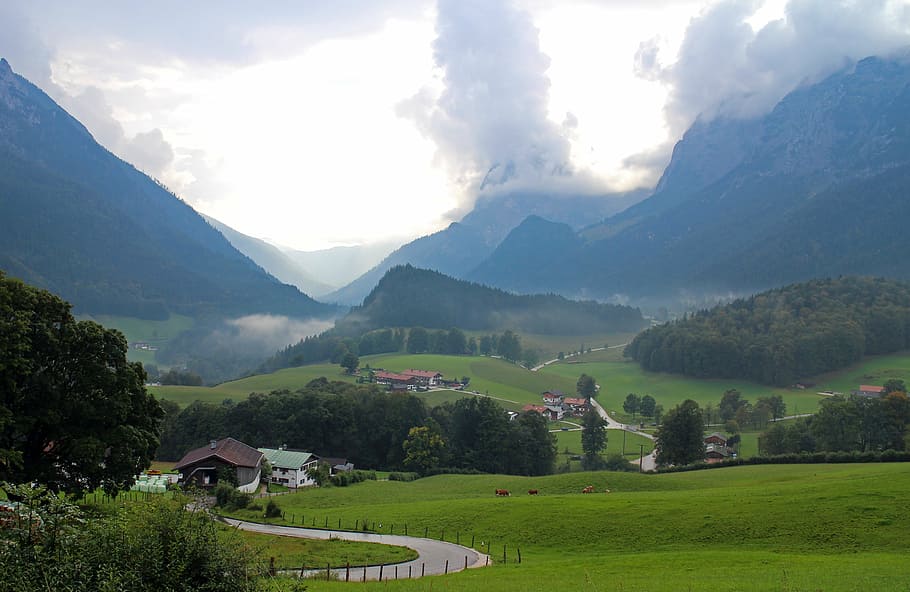 landscape photograph of village near body of water, upper bavaria HD wallpaper