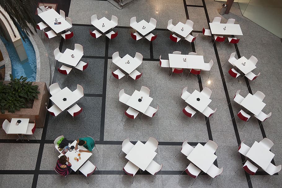 aerial photography of dinette set inside hall, aerial view of table and chair set HD wallpaper