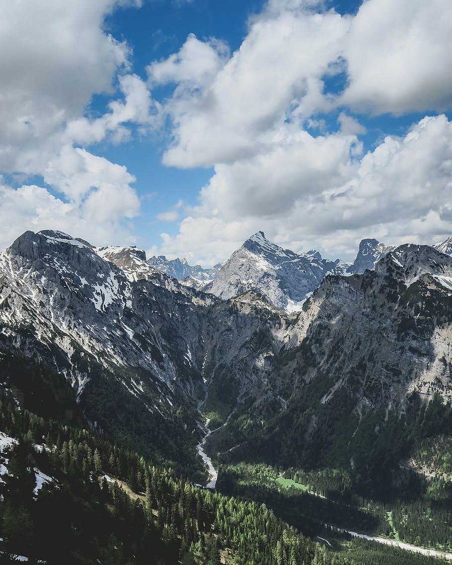 clouds, landscape, mountains, nature, scenic, sky, snow, valley HD wallpaper