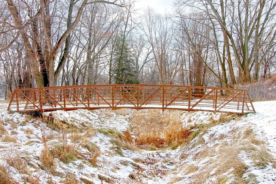 footbridge, winter, snow, cold, ice, season, stream, scenery HD wallpaper
