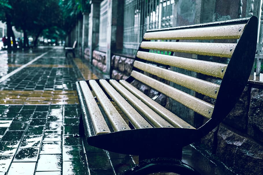 selective focus photography of bench, rain, with the beat, seat HD wallpaper