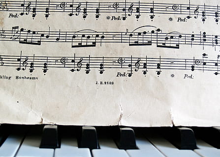 music sheet on piano key, notes, sheet music, keys, old, antique HD wallpaper