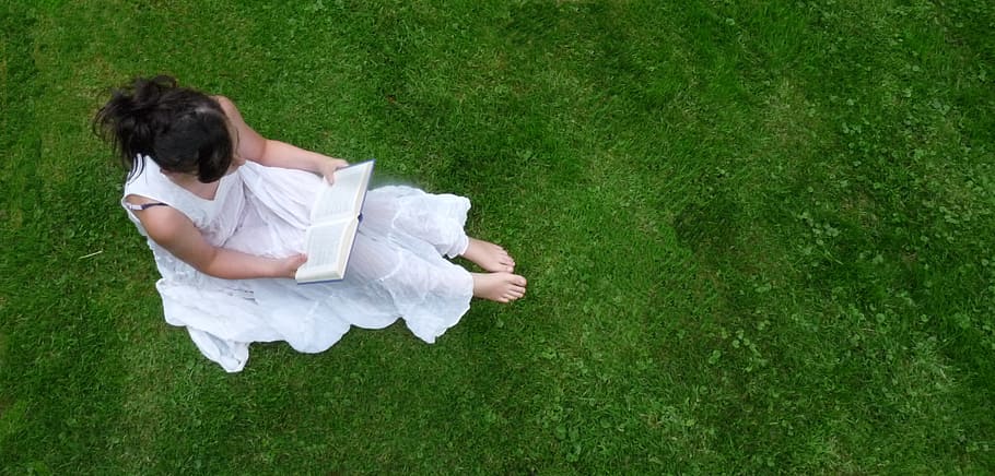 woman in white dress sitting on green gradd, girl, reading, book, HD wallpaper