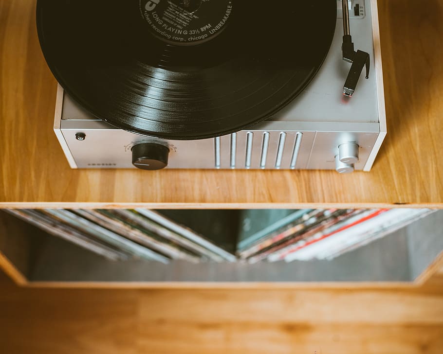 Hd Wallpaper Gray Turntable On Brown Wooden Table Close View Of