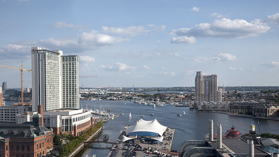 buildings under blue sky, baltimore, harbor, ocean, sea, water HD wallpaper