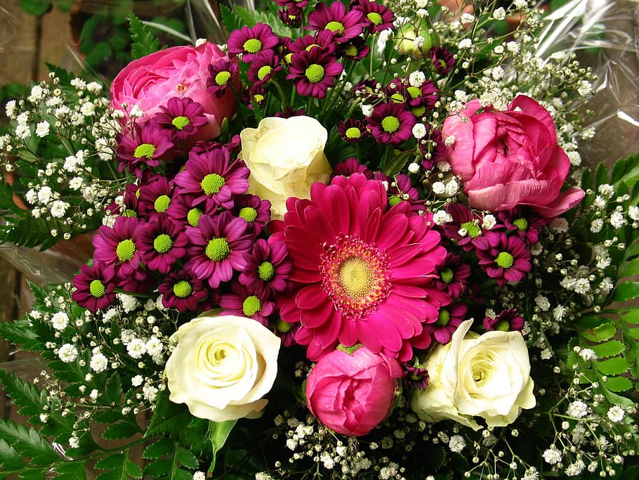 pink and yellow flowers, Bouquet, Birthday, Celebration, nature, HD wallpaper