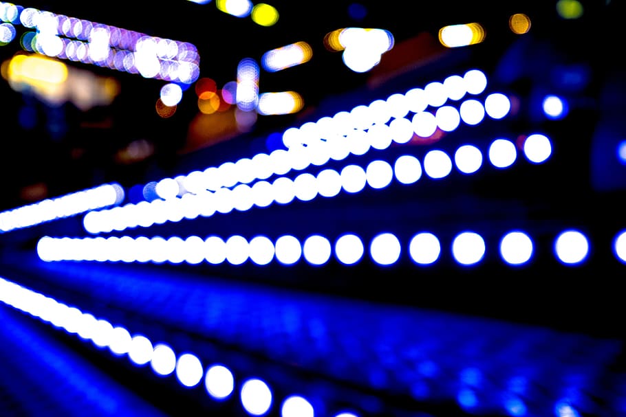 bokeh, steps, stairs, lights, night, evening, blue, illuminated HD wallpaper