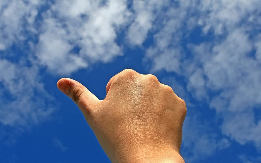 right human hand under blue sky, achievement, agree, approval, HD wallpaper