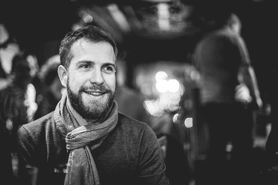 grayscale photography of man with scarf, grayscale selective focus photography of man wearing scarf HD wallpaper