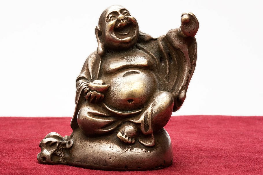 brass-colored budai figurine, buddha, laughing, sculpture, figure