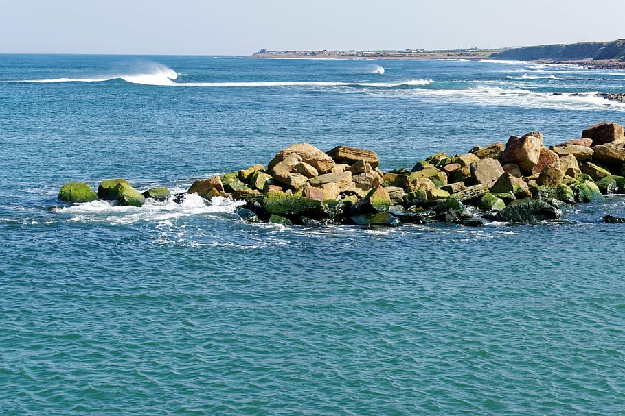 sea, rocks, waves, surf, nature, sky, water, landscape, beach HD wallpaper
