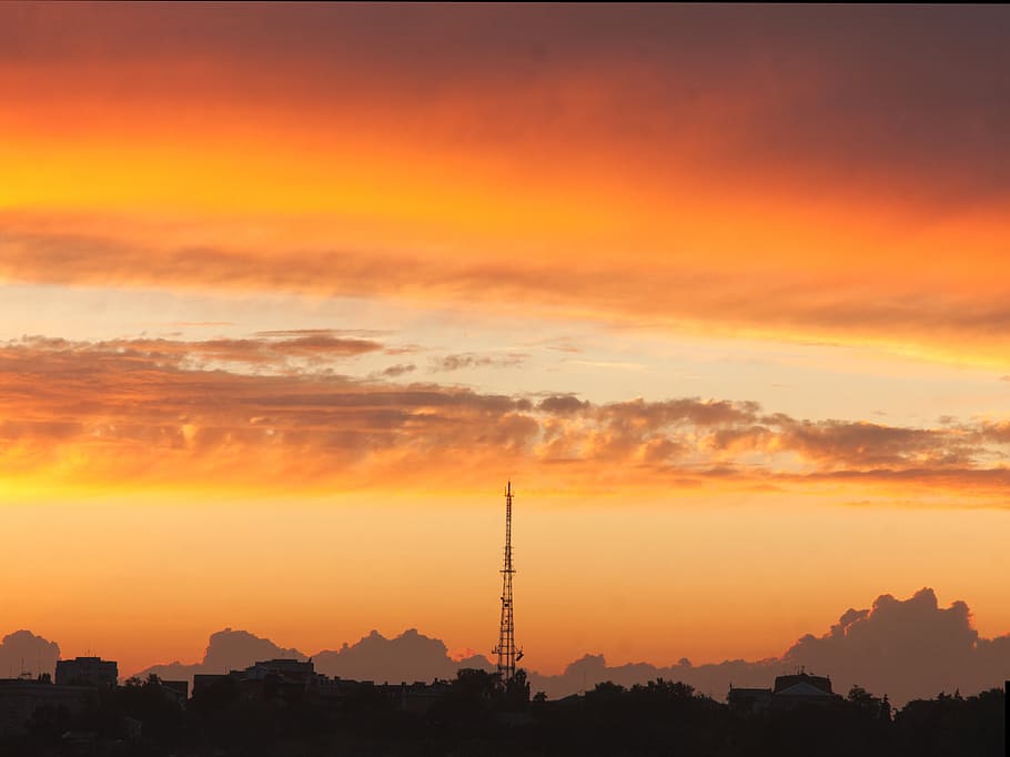 sunset, clouds, evening sky, orange sky, orange color, architecture HD wallpaper