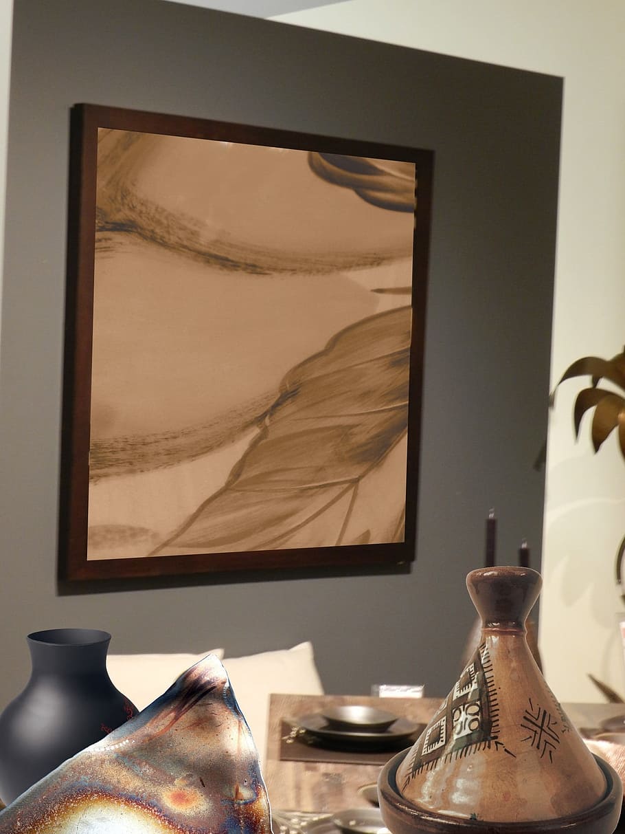brown abstract painting and brown frame, dining room, decor HD wallpaper