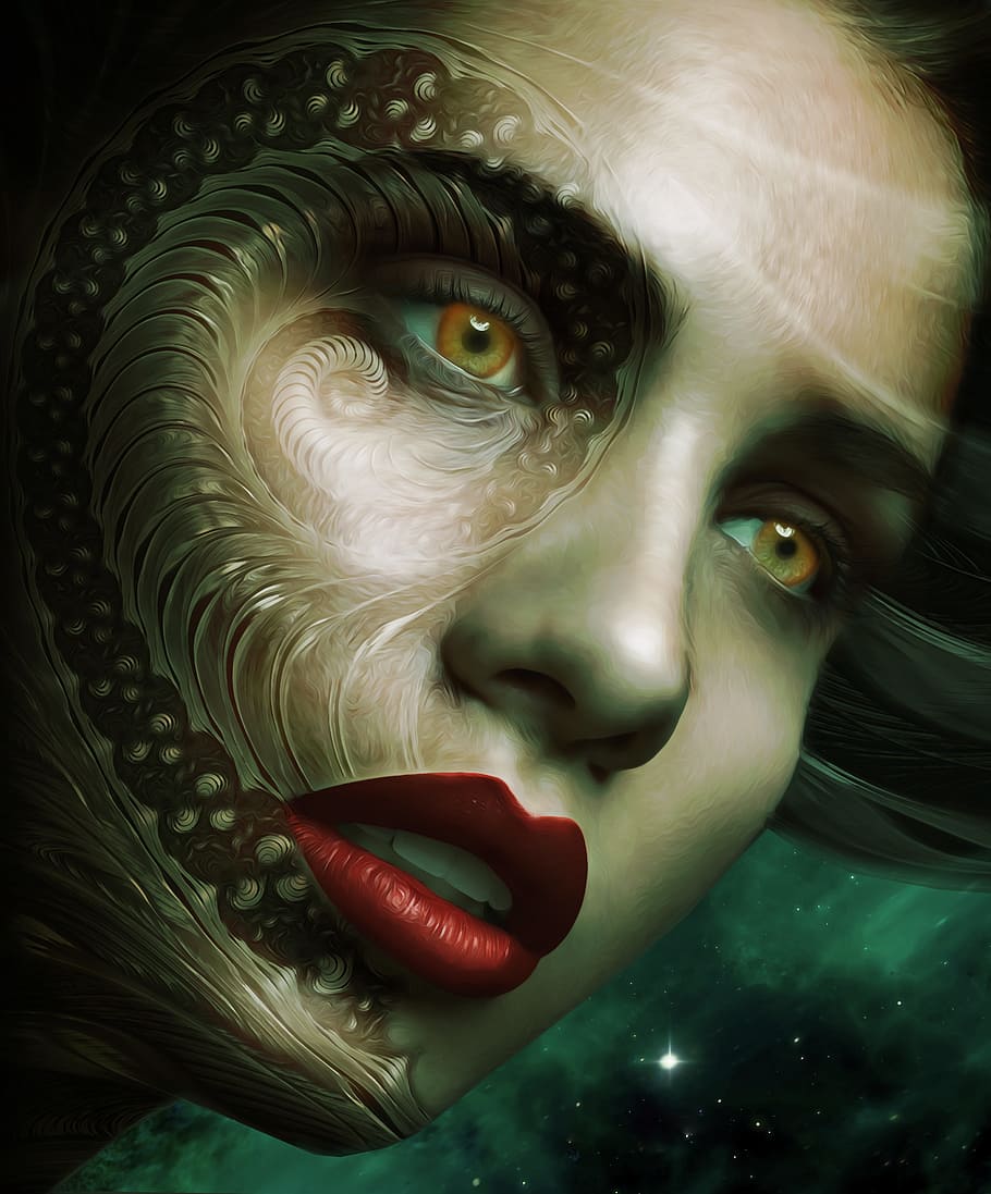 woman face illustration, gothic, fantasy, sci - fi, dark, portrait