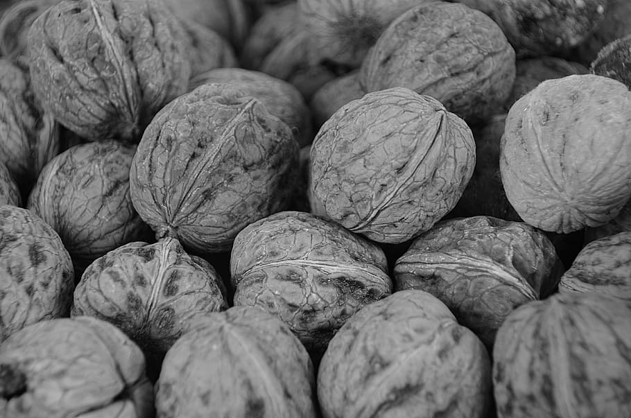 Nuts, Dried Fruit, Power, Eat, Food, black and white, autumn fruits HD wallpaper