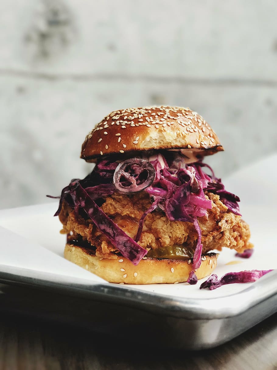 burger with onion and fried meat, chicken, purple, cabbage, patty