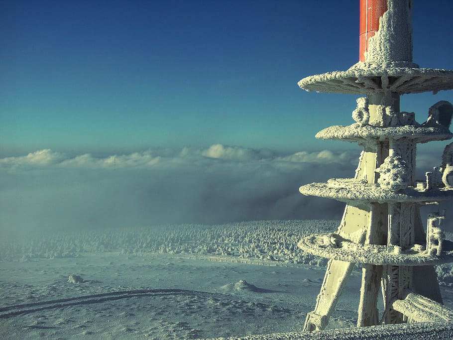 winter, boulder, transmission tower, technology, snow, ice HD wallpaper