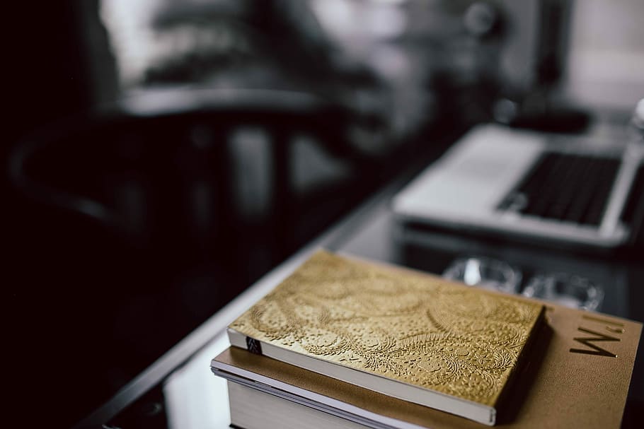 Organized desk with laptop and journals, interior, office, workspace HD wallpaper