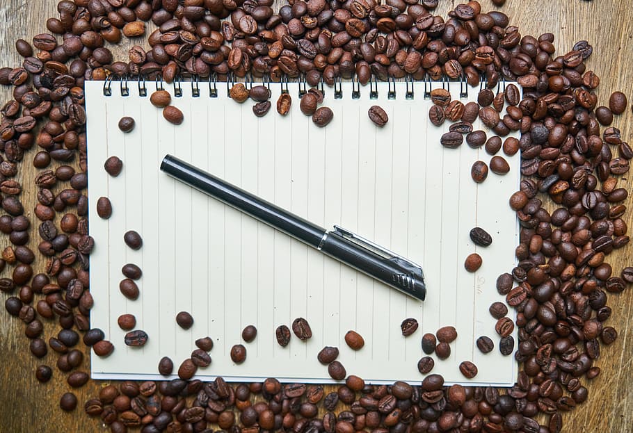notebook, coffee, course, the work, espresso, coffee bean, kernels HD wallpaper