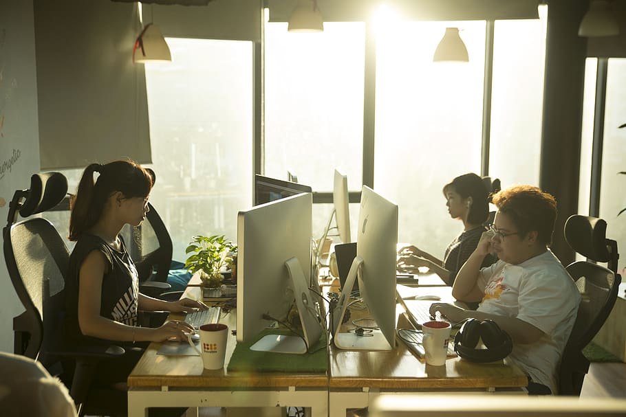 computer, business, workplace, teamwork, imac, sitting, technology HD wallpaper