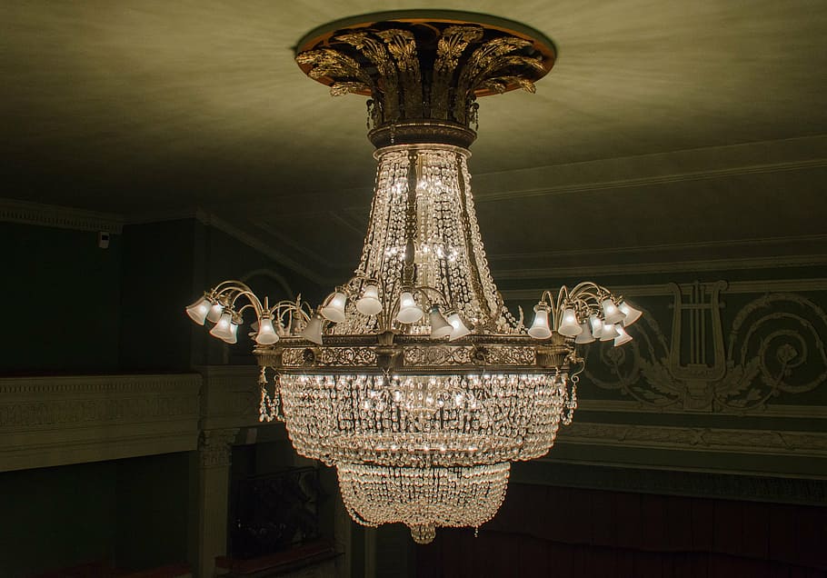 turned on clear glass chandelier, ceiling, headlamps, ceiling luminaire, HD wallpaper