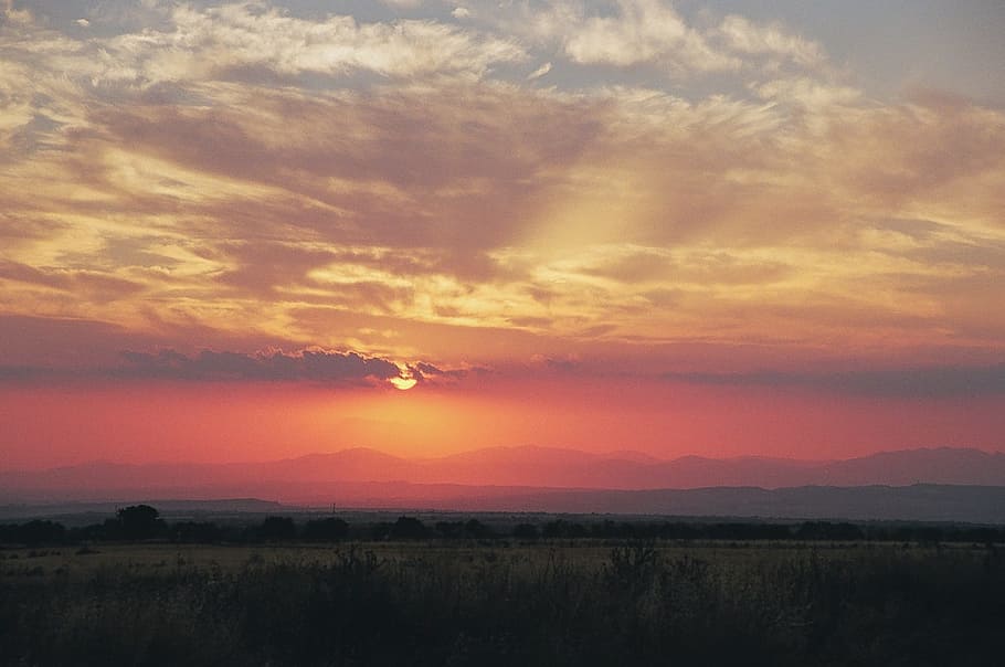 sunset, dusk, sky, clouds, landscape, fields, nature, beauty in nature HD wallpaper