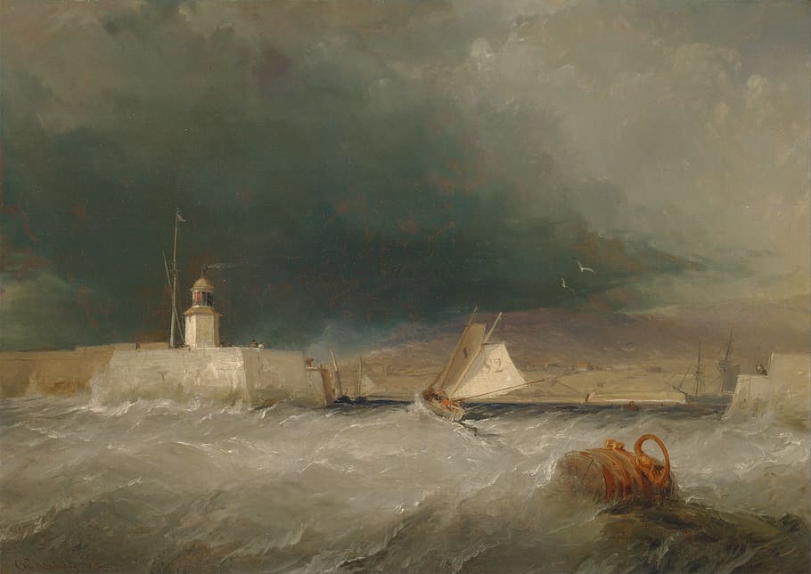 George Chambers, Ocean, Sea, Sea, Water, storm, shoreline, lighthouse, HD wallpaper
