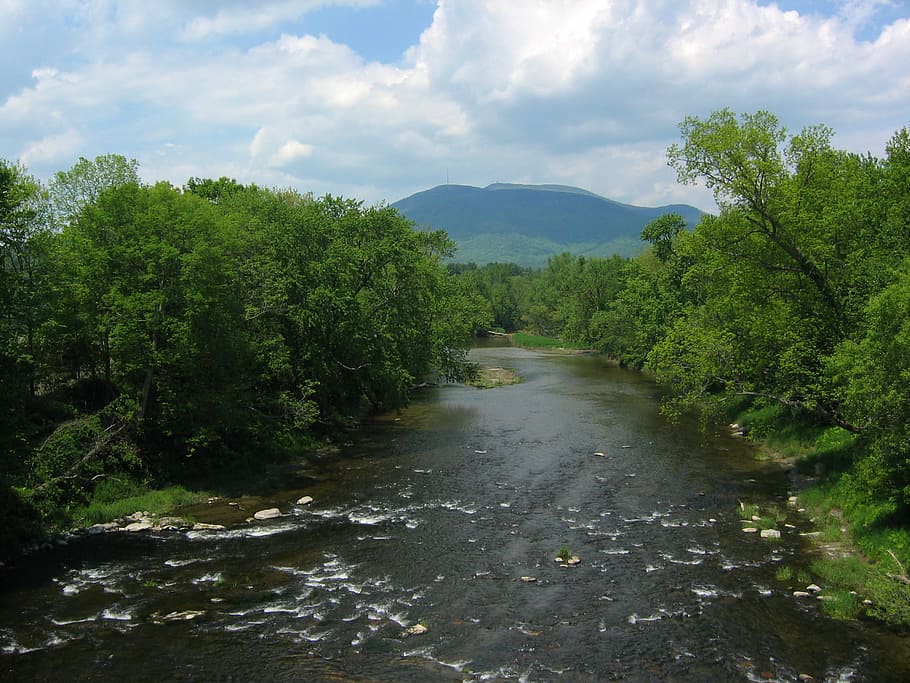 Mount Ascutney Landscape with clouds and River in Claremont, New Hampshire