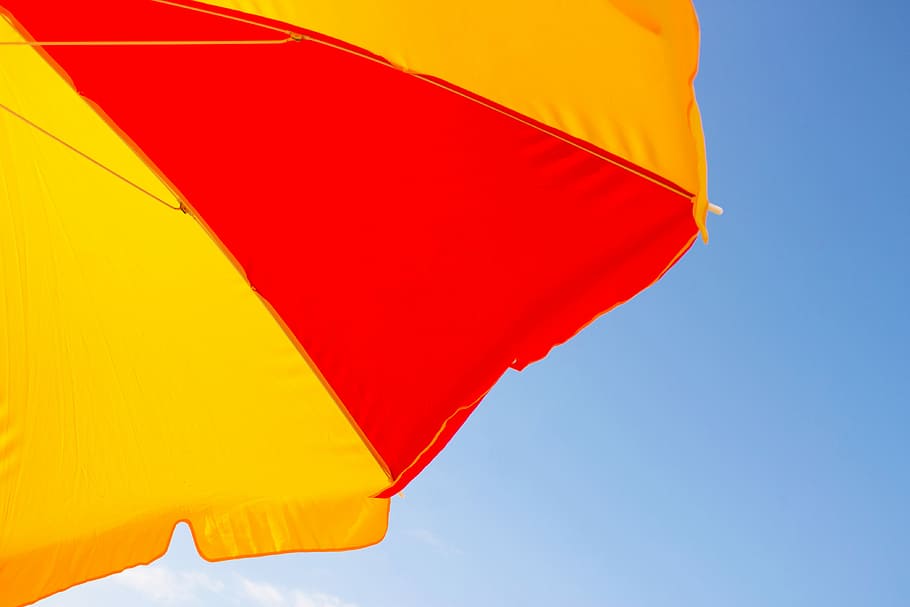 Look Up, yellow and red umbrella under sunny sky, parasol, bright HD wallpaper