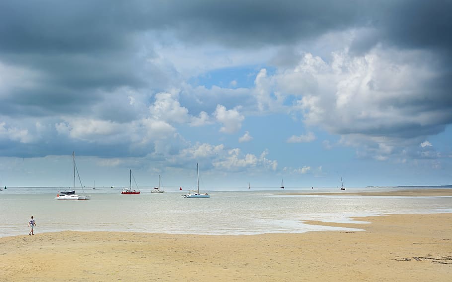 beach, clouds, sand, sky, ships, squill, water, sea, cloud - sky HD wallpaper