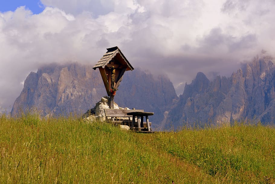 cross, prato, dolomites, grass, sky, clouds, mountain, environment HD wallpaper