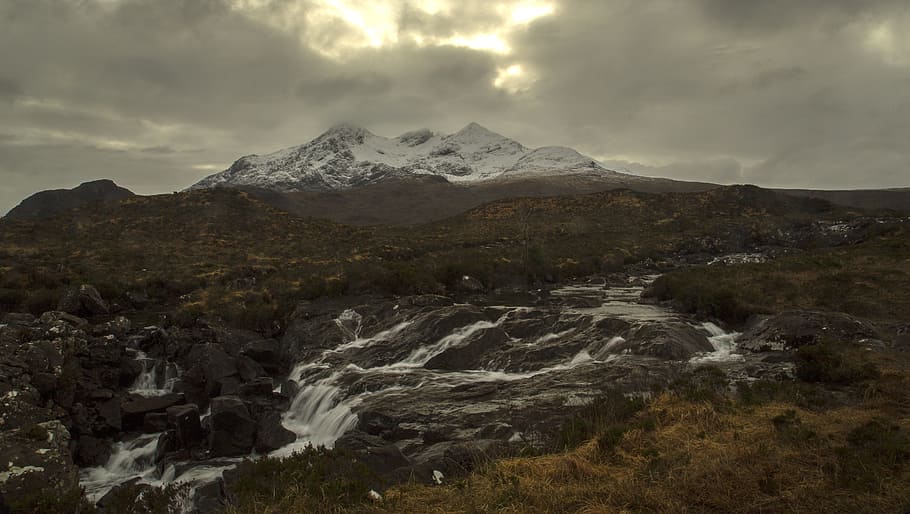 nature, landscape, mountains, snow, waterfalls, rocks, summit HD wallpaper
