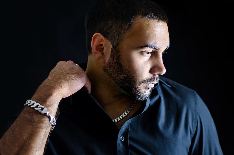 man in black button up shirt, guy, mixed race, model, jewelry