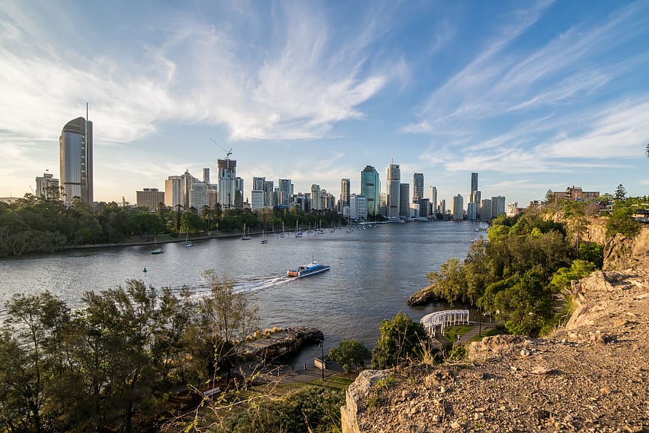 Landscape, River, Australia, Brisbane, ferry, urban skyline HD wallpaper