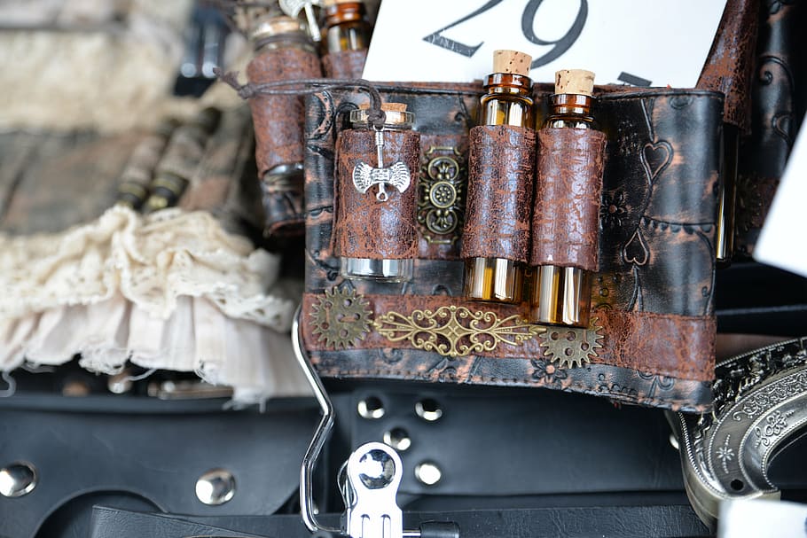 selective focus photography of vial on leather belt, steampunk, HD wallpaper