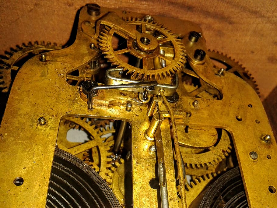 selective focus photography of beige metal gears, Clock, Steampunk